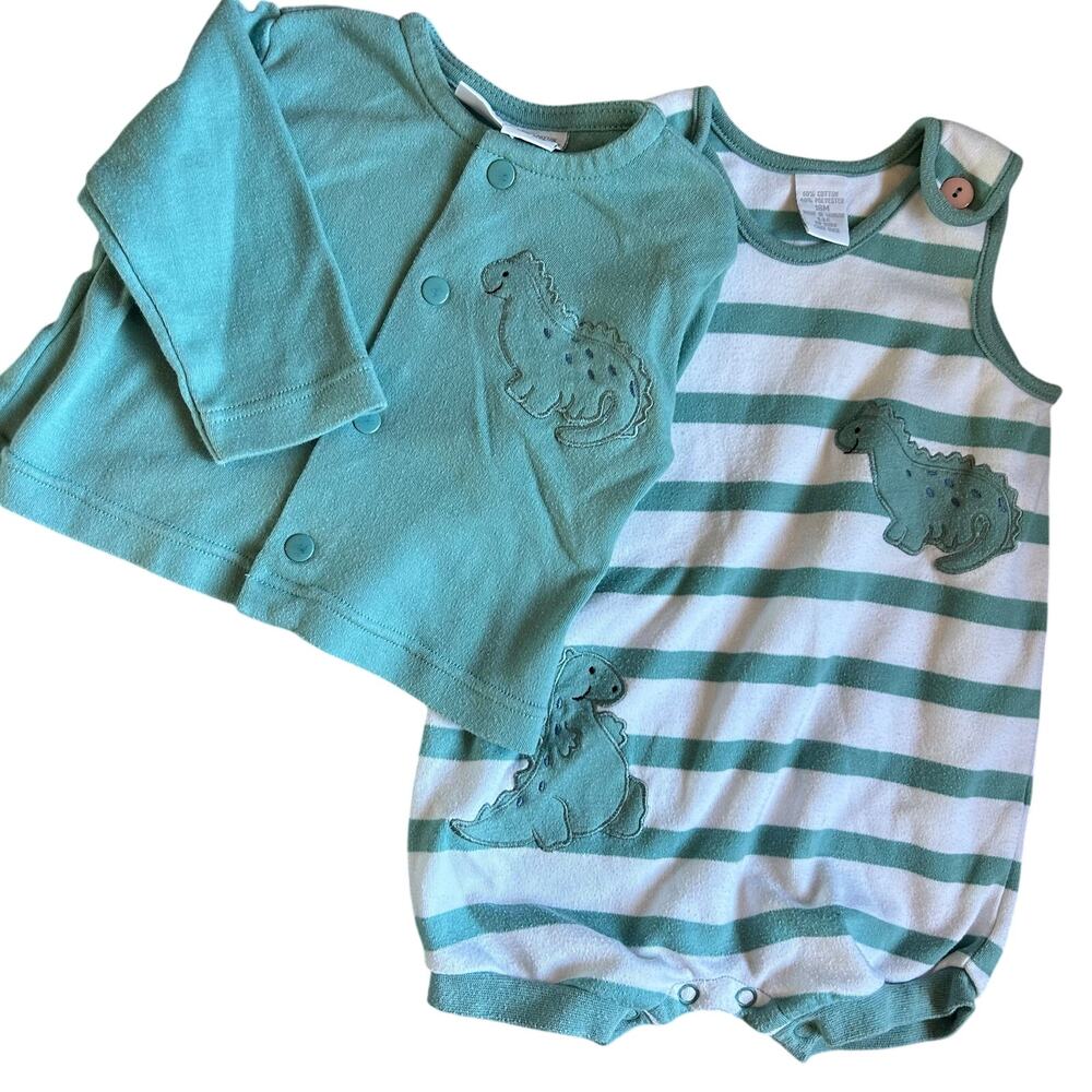 Cuddle Bear Vtg Baby Sz 18 Months Unisex Striped Romper and Jacket Set Dinosaurs